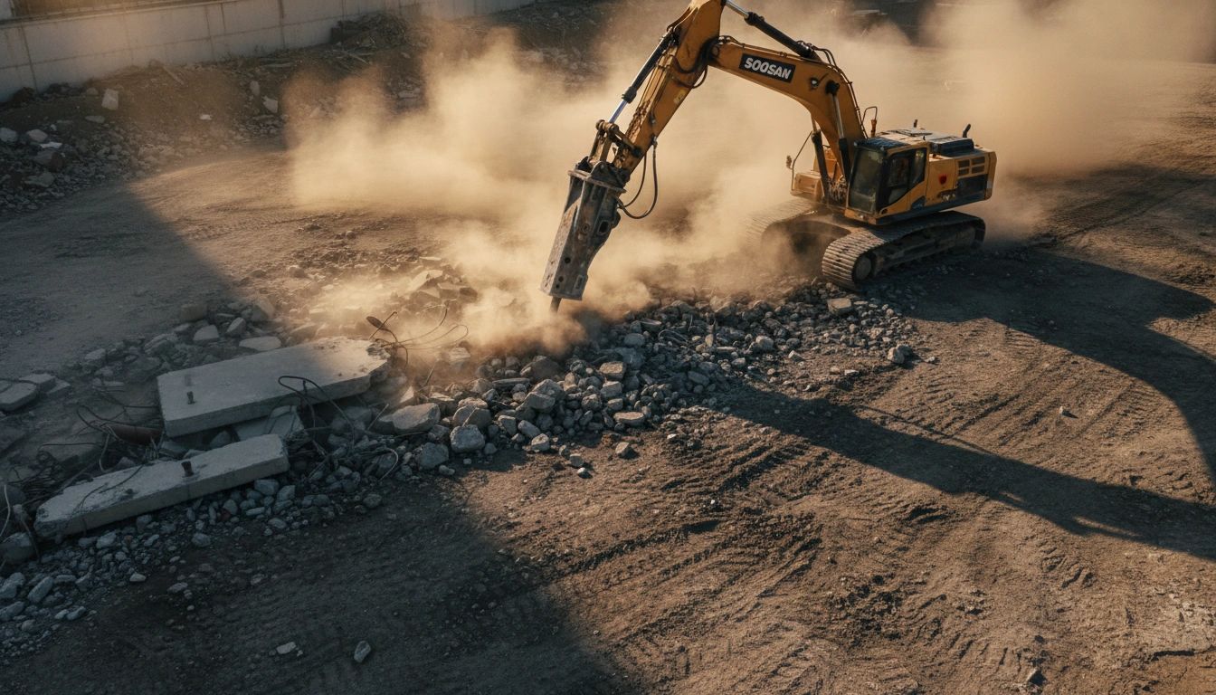 SOOSAN hydraulic breaker on excavator at construction site